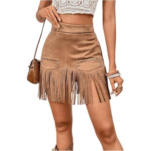 imageMakeMeChic Womens Faux Suede Fringe Hem Mini Skirt Studded Tassell Bodycon Short SkirtsBrown