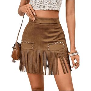 imageMakeMeChic Womens Faux Suede Fringe Hem Mini Skirt Studded Tassell Bodycon Short SkirtsChocolate Brown