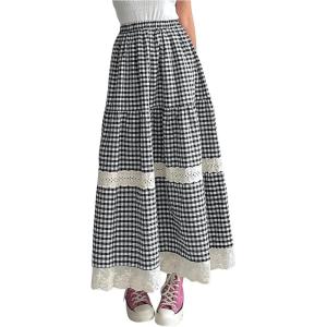 imageMakeMeChic Womens Plaid Print Tiered Layer A Line Ruffle Hem Loose Fit Casual Long Maxi SkirtsBlack a