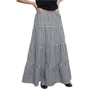 imageMakeMeChic Womens Plaid Print Tiered Layer A Line Ruffle Hem Loose Fit Casual Long Maxi SkirtsBlack and White