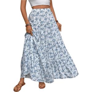 imageMakeMeChic Womens Plaid Print Tiered Layer A Line Ruffle Hem Loose Fit Casual Long Maxi SkirtsBlue and White