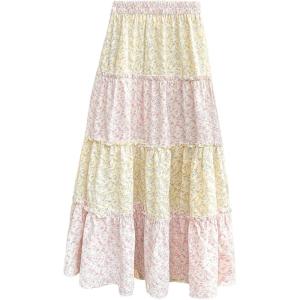 imageMakeMeChic Womens Plaid Print Tiered Layer A Line Ruffle Hem Loose Fit Casual Long Maxi SkirtsPink and Yellow