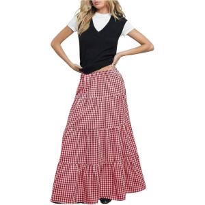 imageMakeMeChic Womens Plaid Print Tiered Layer A Line Ruffle Hem Loose Fit Casual Long Maxi SkirtsRed