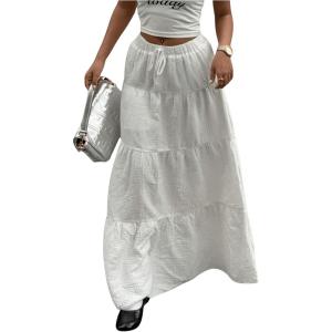 imageMakeMeChic Womens Plaid Print Tiered Layer A Line Ruffle Hem Loose Fit Casual Long Maxi SkirtsWhite a