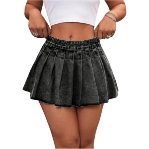 imageMakeMeChic Womens Pleated Denim Skirt Low Waist Raw Hem A Line Zipper Mini Jean SkirtDark Grey