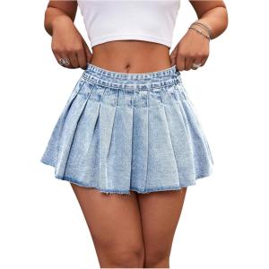 imageMakeMeChic Womens Pleated Denim Skirt Low Waist Raw Hem A Line Zipper Mini Jean SkirtLight Blue