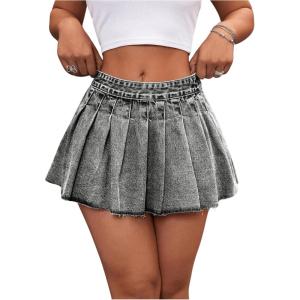 imageMakeMeChic Womens Pleated Denim Skirt Low Waist Raw Hem A Line Zipper Mini Jean SkirtLight Grey