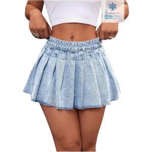 imageMakeMeChic Womens Pleated Denim Skirt Low Waist Raw Hem A Line Zipper Mini Jean SkirtLight Wash Blue