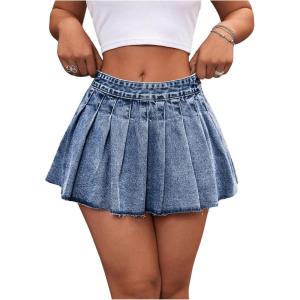 imageMakeMeChic Womens Pleated Denim Skirt Low Waist Raw Hem A Line Zipper Mini Jean SkirtMedium Blue