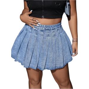 imageMakeMeChic Womens Pleated Denim Skirt Low Waist Raw Hem A Line Zipper Mini Jean SkirtPlus Light Blue