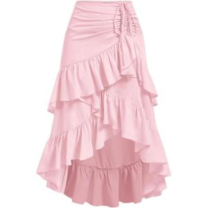 imageMakeMeChic Womens Ruched Ruffle Hem Tiered High Low Asymmetrical Drawstring Maxi Long SkirtsPink