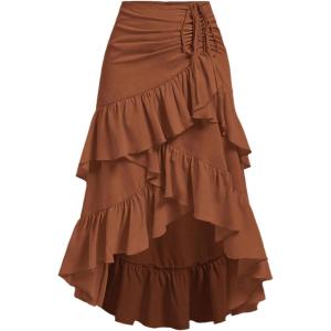 imageMakeMeChic Womens Ruched Ruffle Hem Tiered High Low Asymmetrical Drawstring Maxi Long SkirtsRust Brown