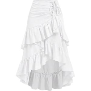 imageMakeMeChic Womens Ruched Ruffle Hem Tiered High Low Asymmetrical Drawstring Maxi Long SkirtsWhite