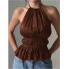 imageMakeMeChic Halter Tops for Women Going Out Tops Y2k Ruffle Cute Summer Backless TopCoffee Brown