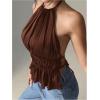 imageMakeMeChic Halter Tops for Women Going Out Tops Y2k Ruffle Cute Summer Backless TopCoffee Brown