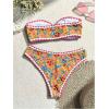imageMakeMeChic Womens 2 Piece Bandeau Swimsuit Boho Ring Strapless High Cut Bikini Sets Bathing SuitMulti Yellow Pink
