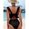 imageMakeMeChic Womens 2 Piece Bikini Set Ruffle Trim Bathing Suit V Neck Tie Back High Waisted SwimsuitBlack Solid