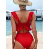 imageMakeMeChic Womens 2 Piece Bikini Set Ruffle Trim Bathing Suit V Neck Tie Back High Waisted SwimsuitRed