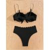 imageMakeMeChic Womens 2 Piece Bikini Set Textured Pearl Beaded Strap Scallop Trim High Waist SwimsuitBlack
