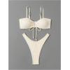 imageMakeMeChic Womens 2 Piece Bikini Set Tie Front Spaghetti Strap High Cut Swimsuits Bathing SuitBeige