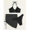 imageMakeMeChic Womens 3 Piece Bathing Suits Halter Ring Bikini Set with Cover Up SkirtsBlack 1