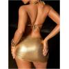 imageMakeMeChic Womens 3 Piece Bikini Sets Metallic Halter Ruched Triangle Cheeky Bathing Suit Swimsuit with Beach SkirtGold