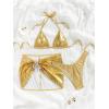 imageMakeMeChic Womens 3 Piece Bikini Sets Metallic Halter Ruched Triangle Cheeky Bathing Suit Swimsuit with Beach SkirtGold