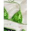 imageMakeMeChic Womens 3 Piece Bikini Sets Metallic Halter Ruched Triangle Cheeky Bathing Suit Swimsuit with Beach SkirtGreen