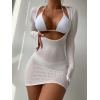 imageMakeMeChic Womens Crochet Cover Up Dress Long Sleeve Knitted Sheer Swimwear Beach Cover Up DressPlus White