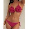 imageMakeMeChic Womens Crochet Cover Up Sets 3D Flower Halter Backless Bikini Top and Thong Beach Bathing SuitHot Pink