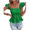 imageMakeMeChic Womens Eyelet Tops Tie Back Cap Sleeve Square Neck Ruffle Peplum Blouse Summer Crop TopGreen