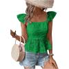 imageMakeMeChic Womens Eyelet Tops Tie Back Cap Sleeve Square Neck Ruffle Peplum Blouse Summer Crop TopGreen