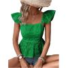 imageMakeMeChic Womens Eyelet Tops Tie Back Cap Sleeve Square Neck Ruffle Peplum Blouse Summer Crop TopGreen