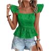 imageMakeMeChic Womens Eyelet Tops Tie Back Cap Sleeve Square Neck Ruffle Peplum Blouse Summer Crop TopGreen