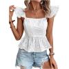 imageMakeMeChic Womens Eyelet Tops Tie Back Cap Sleeve Square Neck Ruffle Peplum Blouse Summer Crop TopWhite