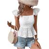 imageMakeMeChic Womens Eyelet Tops Tie Back Cap Sleeve Square Neck Ruffle Peplum Blouse Summer Crop TopWhite