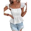 imageMakeMeChic Womens Eyelet Tops Tie Back Cap Sleeve Square Neck Ruffle Peplum Blouse Summer Crop TopWhite