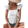imageMakeMeChic Womens Eyelet Tops Tie Back Cap Sleeve Square Neck Ruffle Peplum Blouse Summer Crop TopWhite