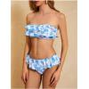 imageMakeMeChic Womens Floral Bikini Bandeau Swimsuit Ruffle Tiered Strapless Bathing SuitBlue and White