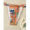 imageMakeMeChic Womens Floral Print 2 Piece Bikini Sets Tie Back Triangle Thong Bathing Suit SwimsuitOrange and Blue