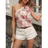 imageMakeMeChic Womens Floral Print One Shoulder Blouse Shirts Casual Knot Sleeveless Blouse TopsBeige
