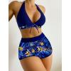 imageMakeMeChic Womens Halter Top Floral Swim Shorts Bikini Set 2 Piece Swimsuit Bathing SuitTropical Navy Blue