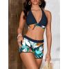 imageMakeMeChic Womens Halter Top Floral Swim Shorts Bikini Set Swimsuit Bathing SuitBlack