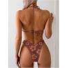 imageMakeMeChic Womens Halter Triangle Thong Bikini Sets High Cut Swimsuit Bathing Suit SwimwearFloral Print Brown