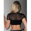 imageMakeMeChic Womens Rhinestone Heart Ring Mesh Top Cut Out Short Sleeve Summer Biniki TopsBlack
