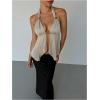 imageMakeMeChic Womens Satin Halter Tops Metal Ring Tie Open Back Asymmetrical Ruffle Tank TopsApricot