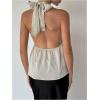 imageMakeMeChic Womens Satin Halter Tops Metal Ring Tie Open Back Asymmetrical Ruffle Tank TopsApricot
