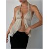 imageMakeMeChic Womens Satin Halter Tops Metal Ring Tie Open Back Asymmetrical Ruffle Tank TopsApricot
