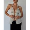 imageMakeMeChic Womens Satin Halter Tops Metal Ring Tie Open Back Asymmetrical Ruffle Tank TopsApricot