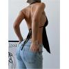 imageMakeMeChic Womens Satin Halter Tops Metal Ring Tie Open Back Asymmetrical Ruffle Tank TopsBlack